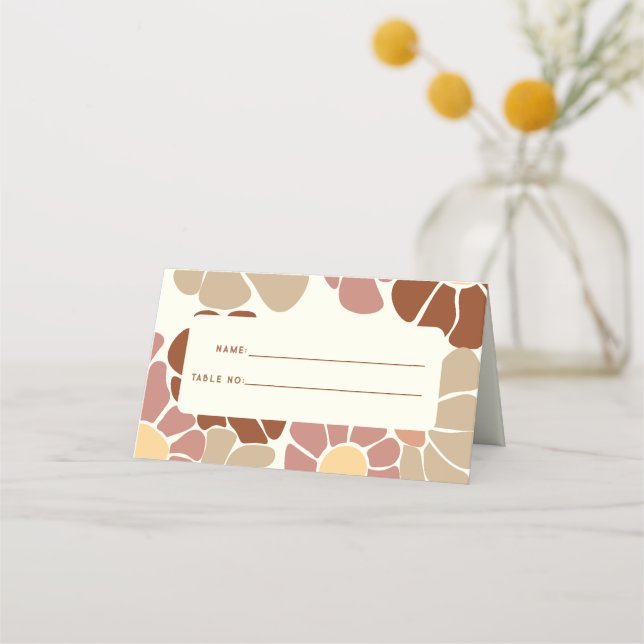 Terracotta Retro Groovy Boho Chic Floral Wedding Place Card (Front)