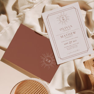 Terracotta Retro Mid Century 70s Monogram Wedding Invitation