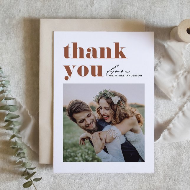 Terracotta Retro Typography Modern Photo Wedding Thank You Card (Creator Uploaded)