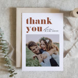 Terracotta Retro Typography Modern Photo Wedding Thank You Card<br><div class="desc">Send heartfelt appreciation with our customisable photo wedding thank you card, designed to beautifully blend retro bold typography with an elegant handwritten script. This card offers a unique and stylish way to express your gratitude to guests who celebrated your special day. Personalise the card with your details. You can easily...</div>