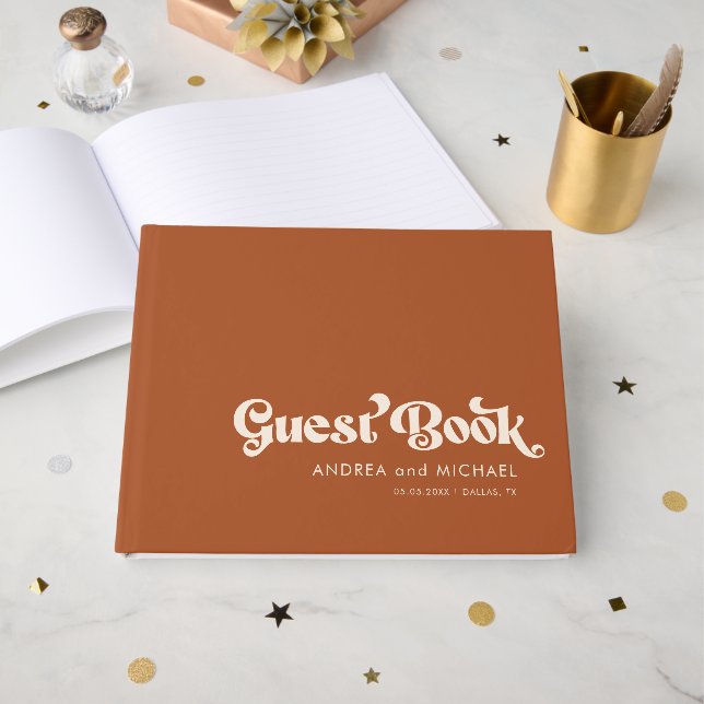 Terracotta Retro Typography Whimsical 70s Wedding Guest Book (Front Open)