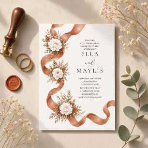 Terracotta Ribbon Dahlia Floral Fall Wedding Invitation