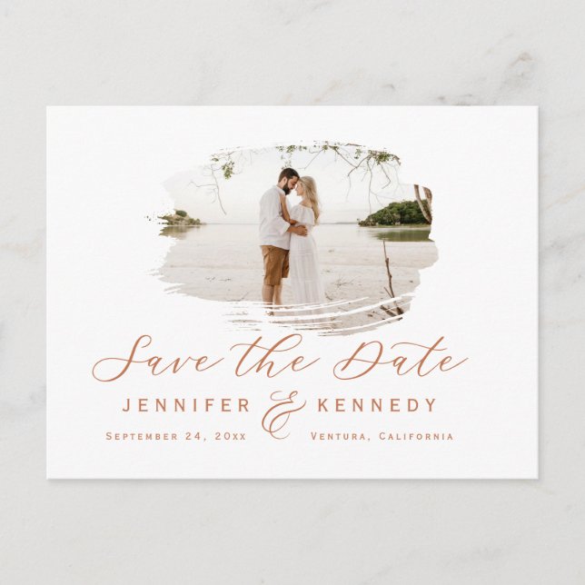 Terracotta Romantic Brushed Photo Save the Date Postcard (Front)