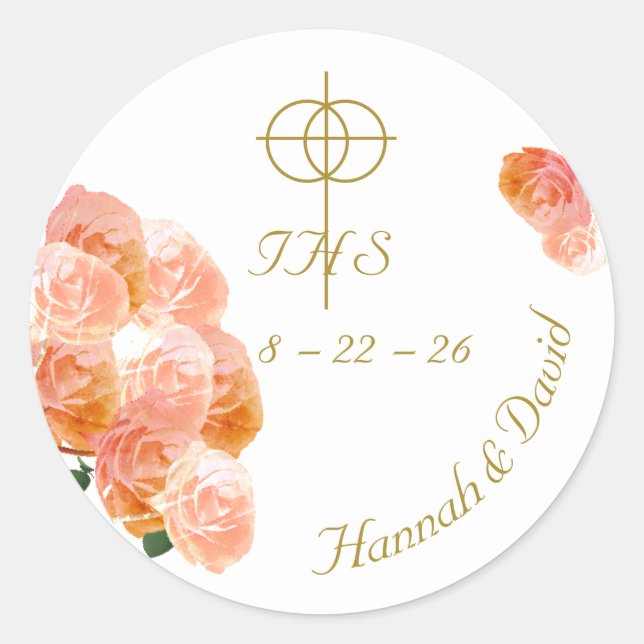 Terracotta Rose Catholic Wedding Classic Round Sticker (Front)