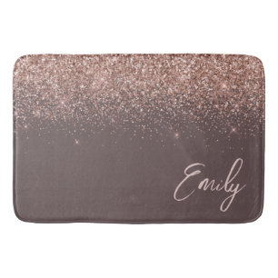 Terracotta Rose Gold Blush Pink Glitter Monogram Bath Mat