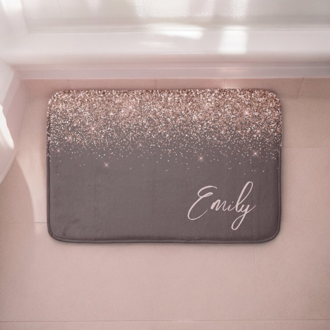 Terracotta Rose Gold Blush Pink Glitter Monogram Bath Mat (Creator Uploaded)