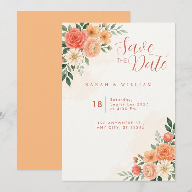 Terracotta Rose Peach Floral Wedding Invitation (Front/Back)