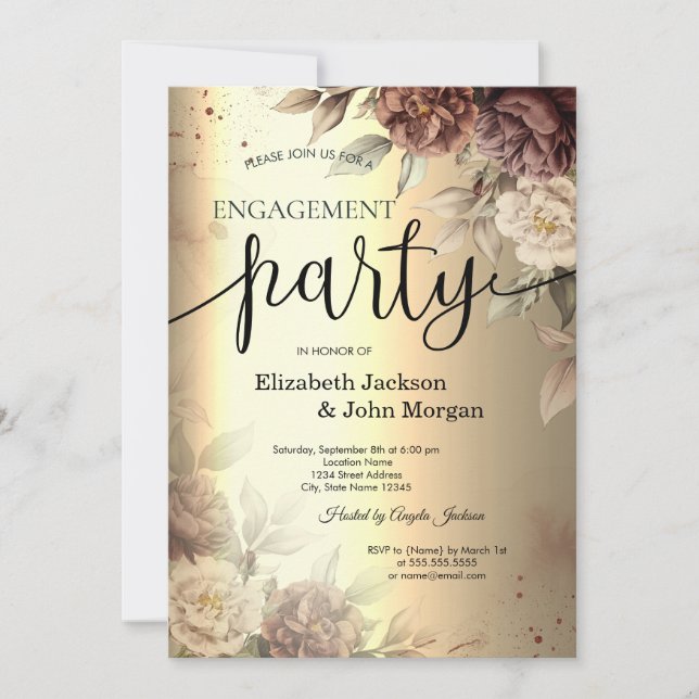Terracotta Roses Elegant Gold Script Engagement   Invitation (Front)