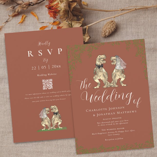 Terracotta Rust & Beige Dinosaur Wedding QR Code Invitation (Boho fall dinosaur wedding terracotta green foliage elegant beige script invitation )