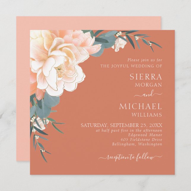 Terracotta Rust Blush Peach Gold Floral Wedding In Invitation (Front/Back)