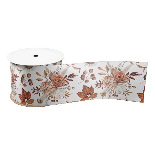 Terracotta Rust Boho Floral Fall Foliage Satin Ribbon (Spool)