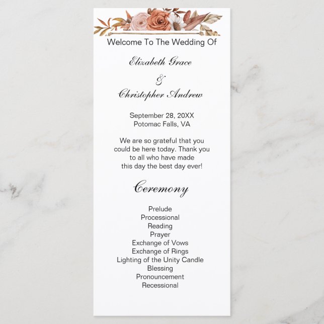 Terracotta Rust Boho Floral Wedding Program Menu (Front)