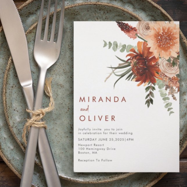 Terracotta Rust Boho Watercolor Floral Wedding Invitation (Creator Uploaded)