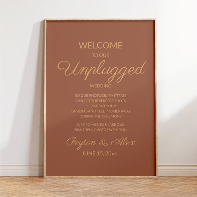 Terracotta Rust Elegant Script Unplugged Wedding  Poster (Terracotta/burnt orange "Unplugged" wedding poster for your fall/autumn/winter wedding)
