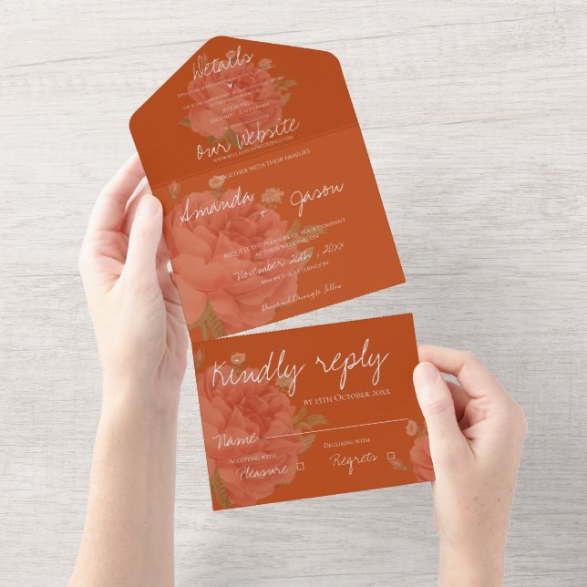 Terracotta Rust Floral Monogram Pretty Wedding All In One Invitation (Tearaway)