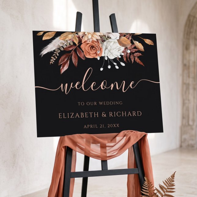 Terracotta Rust Flowers Black Fall Wedding Welcome Poster (Creator Uploaded)