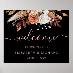 Terracotta Rust Flowers Black Fall Wedding Welcome Poster