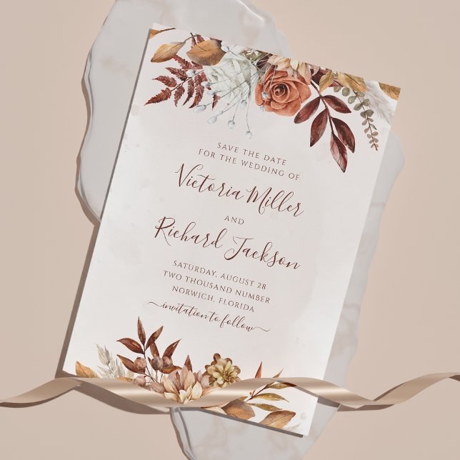 Terracotta Rust Flowers Boho Earthy Fall Foliage Save The Date (Creator Uploaded)