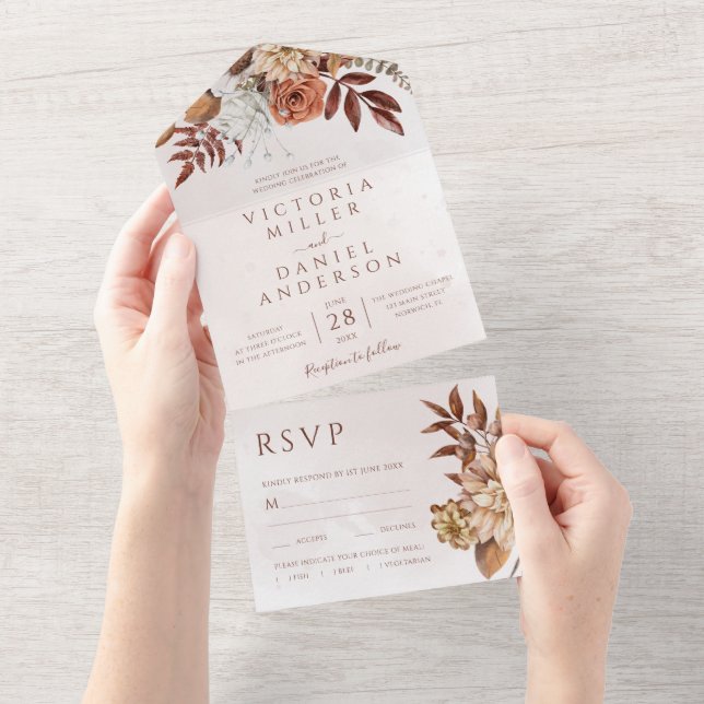 Terracotta Rust Flowers Boho Fall Foliage Wedding All In One Invitation (Tearaway)