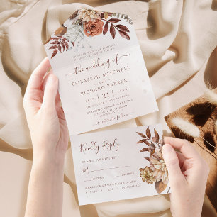 Terracotta Rust Flowers Boho Fall Foliage Wedding All In One Invitation