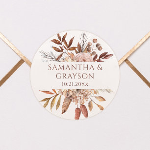 Terracotta Rust Flowers Boho Fall Foliage Wedding Classic Round Sticker