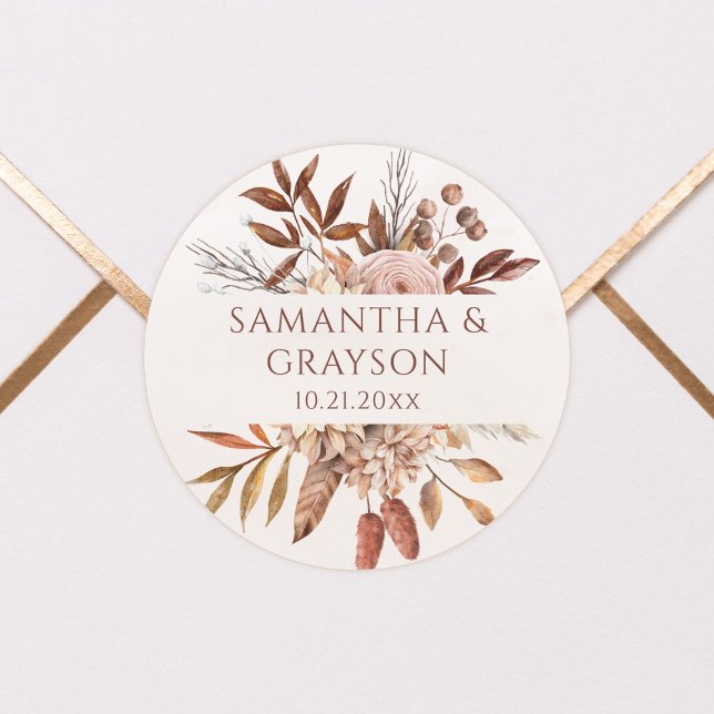 Terracotta Rust Flowers Boho Fall Foliage Wedding Classic Round Sticker (Creator Uploaded)