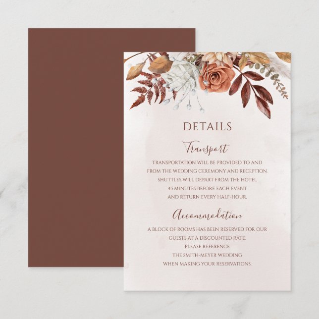 Terracotta Rust Flowers Boho Fall Wedding Details Enclosure Card (Front/Back)