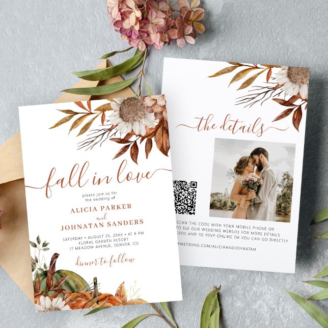 Terracotta rust leaves boho floral fall wedding invitation (Creator Uploaded)