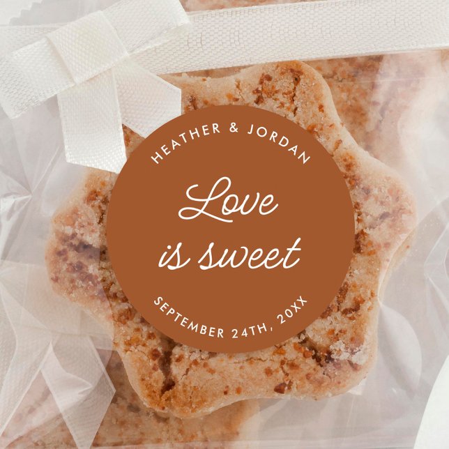 Terracotta Rust Love Is Sweet Wedding Favours Classic Round Sticker (Creator Uploaded)