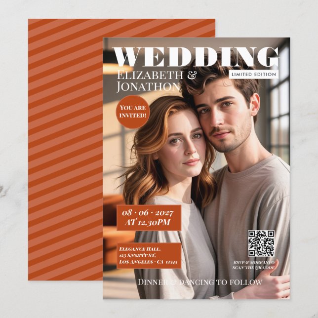 Terracotta & Rust Magazine Wedding Photo Invitation (Front/Back)