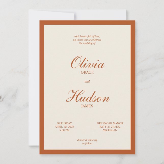 Terracotta Rust Modern Minimalist Script Wedding Invitation (Front)