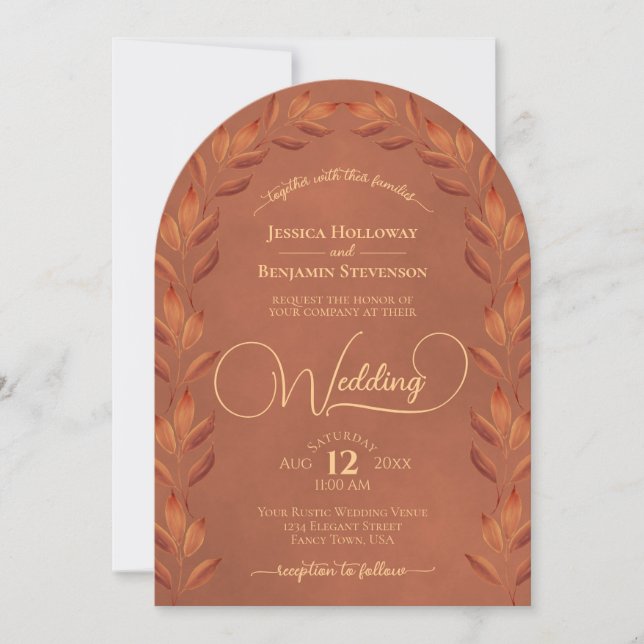 Terracotta Rust Orange Leaves Elegant Arch Wedding Invitation (Front)