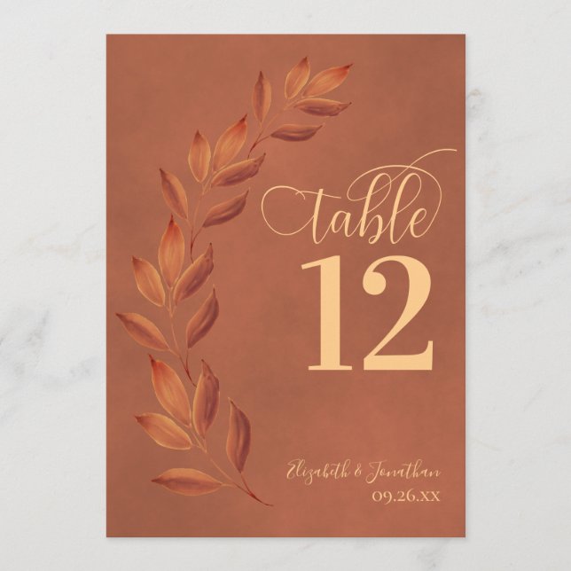 Terracotta Rust Orange Leaves Modern Table Number (Front)