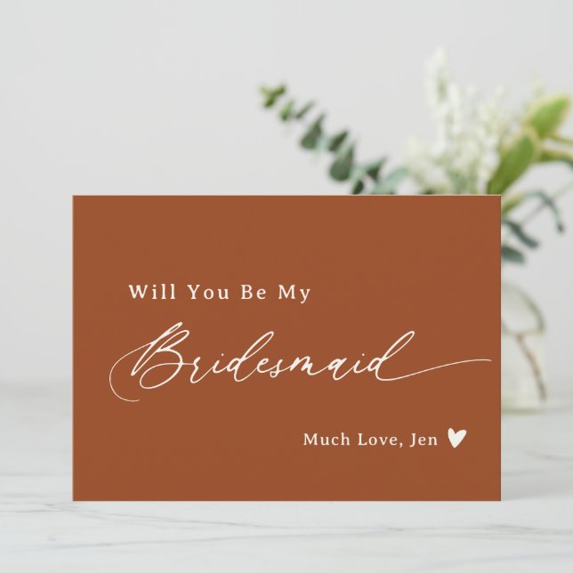 Terracotta Rust Script Bridesmaid Proposal Card (Standing Front)