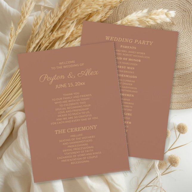 Terracotta Rust Wedding Program Bridal Party Programme (Terracotta/burnt orange 2-sided wedding program)