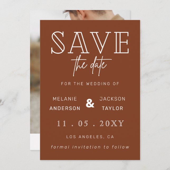 Terracotta Rustic Burnt Orange Boho Photo Save The Date (Front/Back)