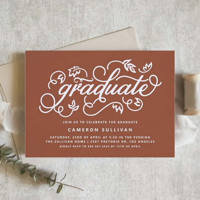 Terracotta Rustic Calligraphy Graduation Party Invitation (Boho Terracotta Rustic Calligraphy Graduation Party Invitation)