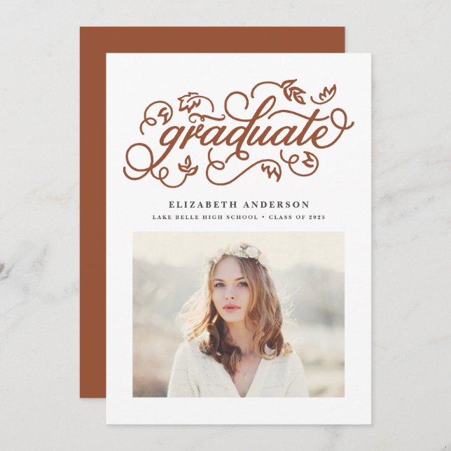 Terracotta Rustic Calligraphy Photo Graduation Invitation (Front/Back)
