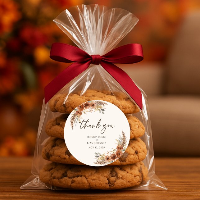 Terracotta Rustic Fall Floral Wedding Thank you  Classic Round Sticker (Terracotta Rustic Fall Floral Wedding Thank you Classic Round Sticker)