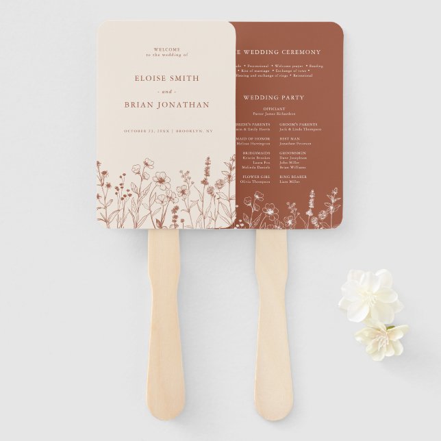 Terracotta Rustic Fall Wildflower Wedding Program Hand Fan (Front and Back)