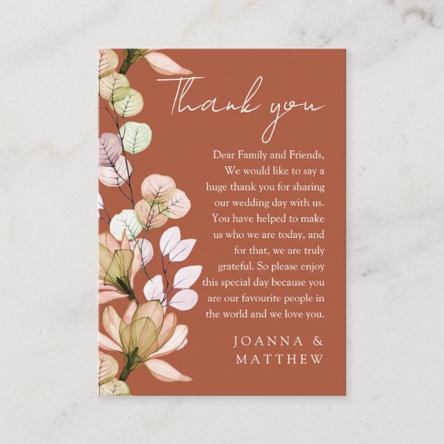 Terracotta Rustic Floral Fall Wedding Thank You Place Card (Front)