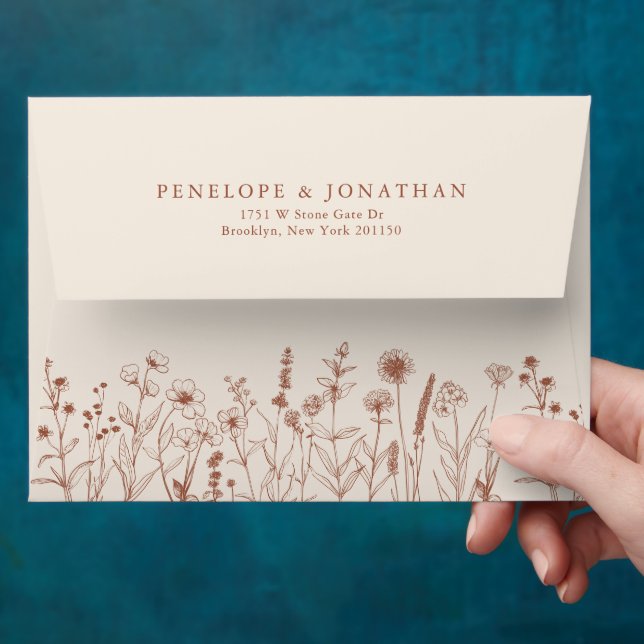 Terracotta Rustic Floral Fall Wildflower Wedding Envelope (Hand)