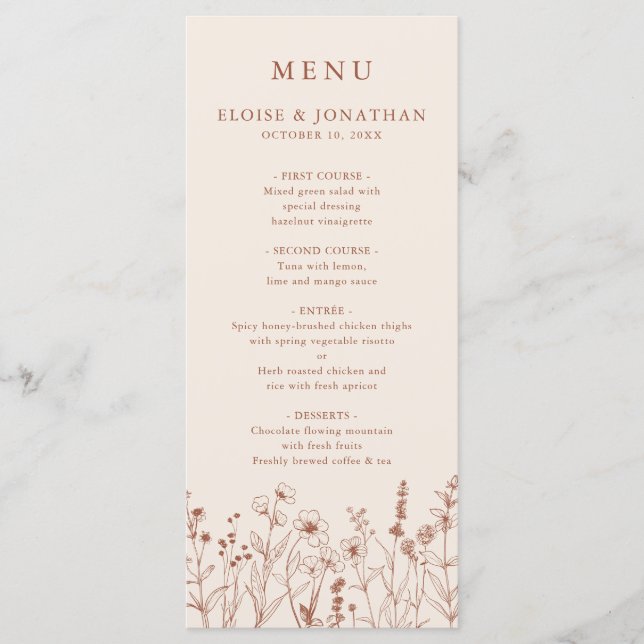 Terracotta Rustic Floral Fall Wildflower Wedding Menu (Front)