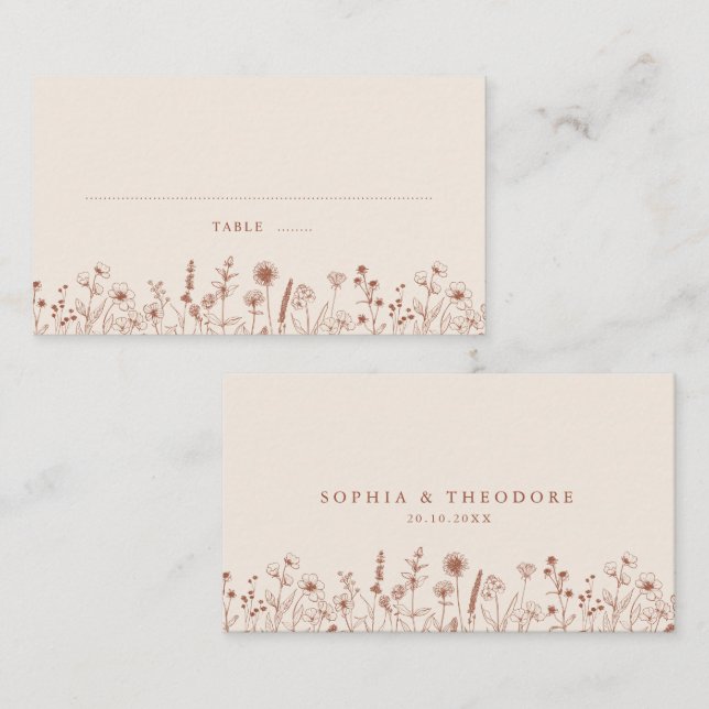 Terracotta Rustic Floral Fall Wildflower Wedding Place Card (Front/Back)