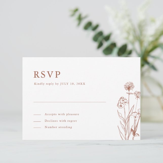 Terracotta Rustic Floral Fall Wildflower Wedding RSVP Card (Standing Front)