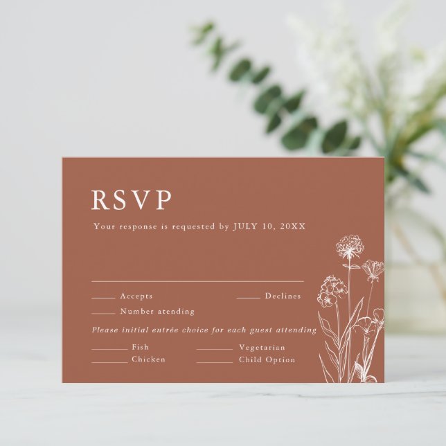 Terracotta Rustic Floral Fall Wildflower Wedding RSVP Card (Standing Front)