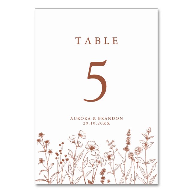 Terracotta Rustic Floral Fall Wildflower Wedding Table Number (Front)