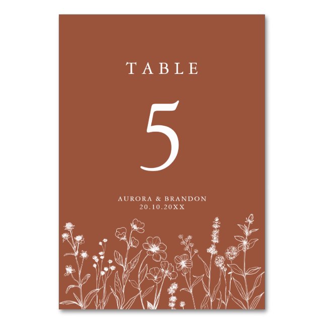 Terracotta Rustic Floral Fall Wildflower Wedding Table Number (Front)