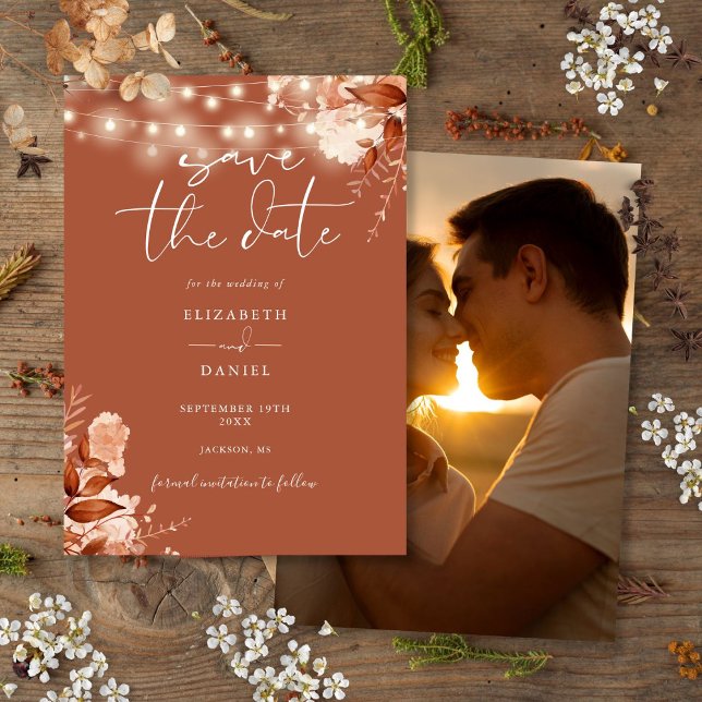 Terracotta Rustic Floral Lights Photo Fall Wedding Save The Date (Terracotta Rustic Floral Lights Photo Fall Wedding Save The Date)