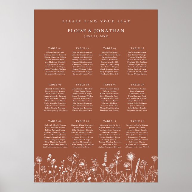 Terracotta Rustic Floral  Wedding Seating Chart (Front)